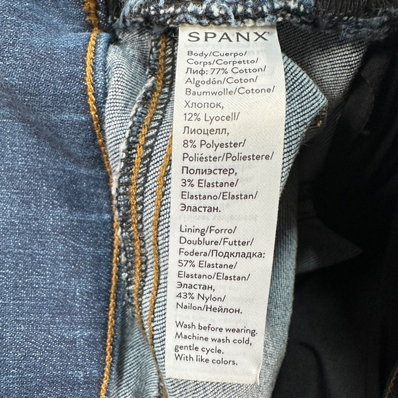Spanx Tapered Jeans Womens XS Blue Distressed Frayed Hem Stretch Petites Pull On - Picture 6 of 8